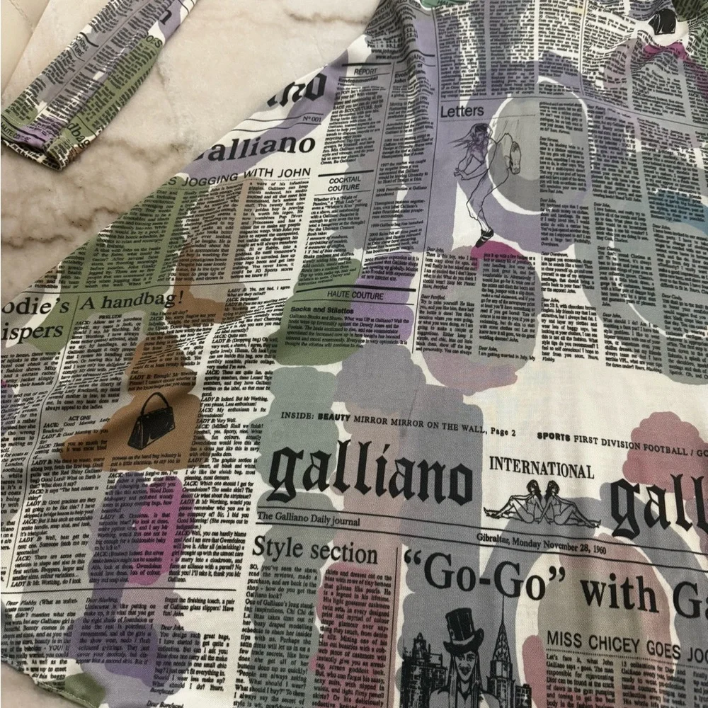 Galliano Vintage Pastel Newspaper Print Long Sleeve Dress - Picture 6 of 16